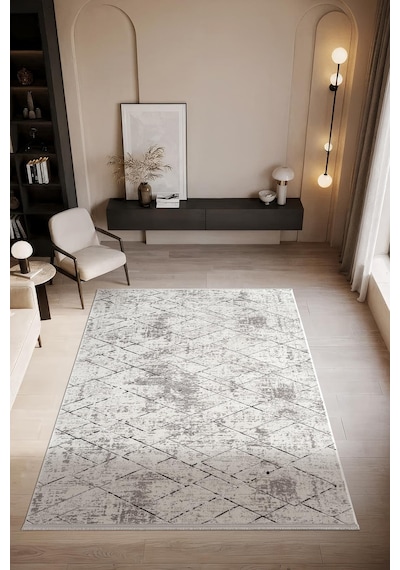 Look Black Lb007g Krem Halı Siyah Dekoratif Çizgili Modern Desen Akrilik Yumuşak Tozuaz Salon Halısı-915 Krem