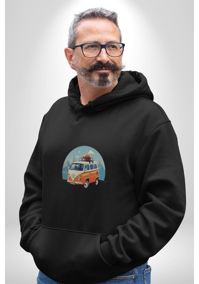 Wolkswagen Karavan Kış Gezisi Kadın Erkek Siyah Kapüşonlu Sweatshirt Hoodie Siyah