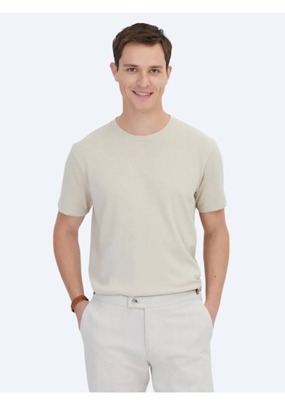 Kip Bej Düz Bisiklet Yaka Pamuk Karışımlı T-shirt Bej