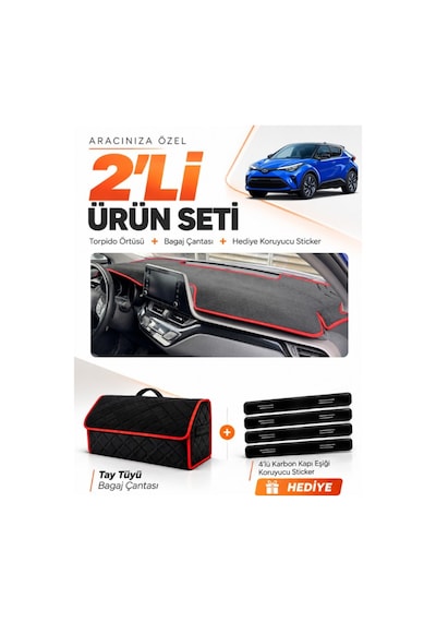 Toyota Chr 2016-2022 Uyumlu Torpido Örtüsü + Tay Tüyü Bagaj Çantası + Sticker Seti - Siyah Kırmızı