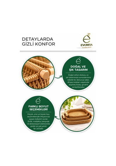 Evonıta Rattan Sunum Tepsisi Hasır Görünümlü Kulplu Servis Sepeti Kahvaltılık Ekmeklik Meyvelik Dekoratif Tepsi