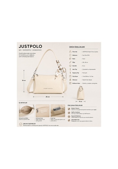 Just Polo Kadın Yeni Sezon Yumuşak Deri Şal Detaylı Ayarlanabilir Askılı Şık El Ve Omuz Çantası Shopper Krem 96674409