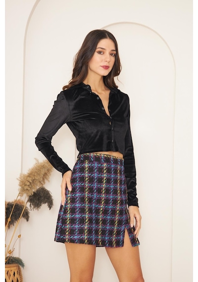 Darlin Moda Mor Yırtmaç Detaylı Tweed Mini Etek Dm2004 Mor