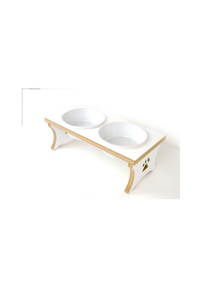Köpek Su Ve Mama Kabı Standı - Büyük Irk - Beyaz Mdf - 2'li Model - Beyaz Seramik Kase - 2 1000ml