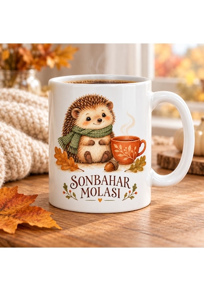 Sonbahar Molası Kirpi Tasarımlı Porselen Kupa - Yaprak Ve Kahve Temalı - Model 258 Diğer