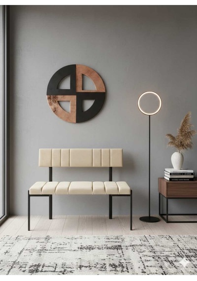 Özcan Metal Metal Siyah Ayaklı Sırtlı Mutfak Salon Antre Yatak Odası Balkon Puf Bank Oturak Bench Bej