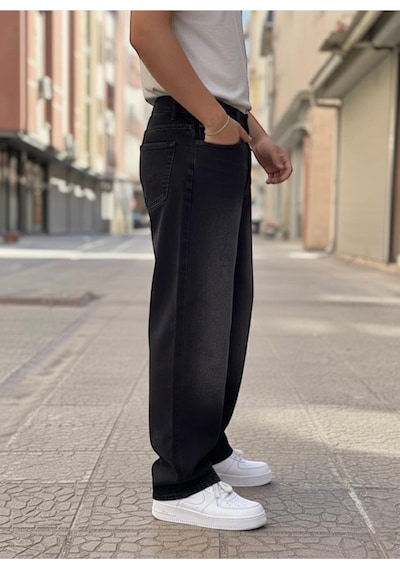 St.poll Vintage Eskitme Efektli Yıkama Baggy Jeans Pantolon Unisex Eskitme Siyah