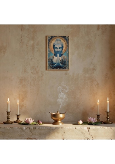 Mavi Buddha Meditasyon Ahşap Tablo - Aydınlanma Ve İçsel Huzur Dekoru - 16x25 Cm Özel Baskı Spiritüel Sanat