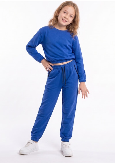 Fyk Kids Kız Çocuk Yuvarlak Yakalı Cep Biye Detaylı Düz Baskısız Paça Lastikli Alt Üst Eşofman Takımı Mavi
