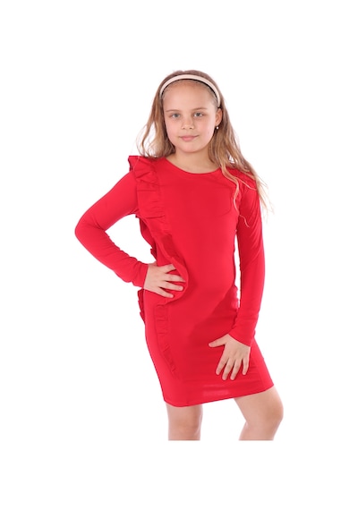 Toontoy Kız Çocuk Regular Fit Bisiklet Yaka Uzun Kollu Fırfırlı Elbise Kırmızı