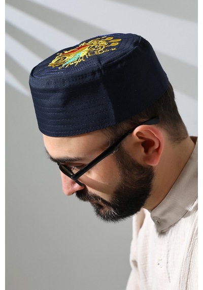 Osmanlı Arma Desenli Kalıp Kumaş Takke Lacivert