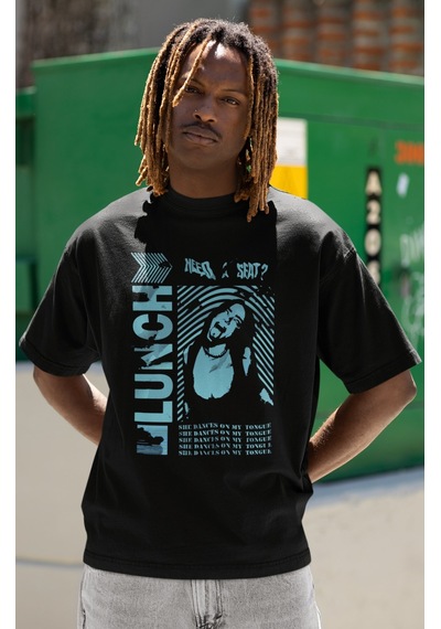 Sevbano Tasarım Billie Eilish Lunch Baskılı Unisex Oversize Şarkıcı Tişör Siyah