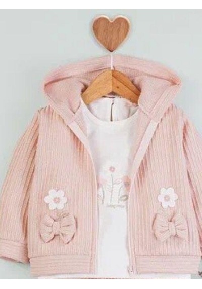 Baby Rose Kız Bebek Papatya Nakışlı Hırkalı 3lü Eşofman Takım-14922 Pudra