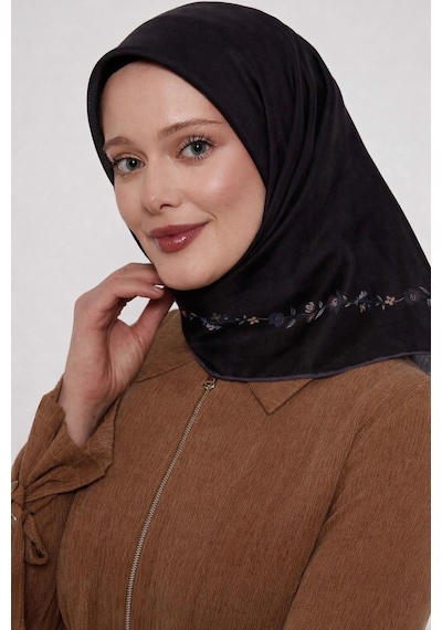 Bonjela Soft Eşarp Minimal Çiçek Desen Siyah Gri Siyah Gri