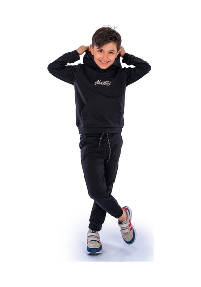 Mnk Baby & Kids Adventure Nakış Kanguru Cepli Kapüşonlu Çocuk Eşofman Mnk10072 siyah