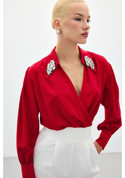 Sateen Aksesuar Detaylı Bodysuit Bluz - Kırmızı-136193 Kırmızı Sateen Aksesuar Detaylı Bodysuit Bluz - Kırmızı-136193 Kırmızı
