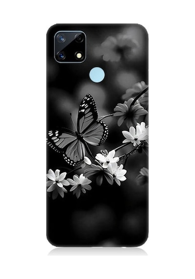 Realme C17 Uyumlu Siyah Beyaz Kelebek Ve Çiçek Desenli Silikon Kılıf