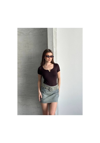 Asur Boutique Asur Butik Kadın V Demirli Esnek Kumaş Kısa Kol Body Kahverengi