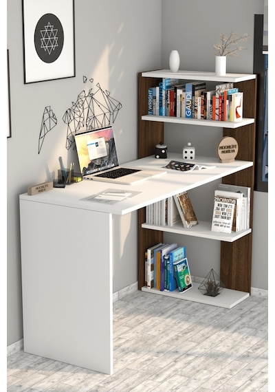 Moonlife Çınar Kitaplıklı Çalışma Masası Beyaz Ceviz Beyaz