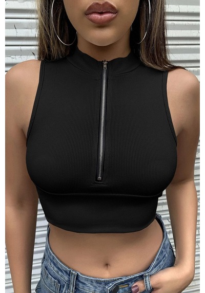 Alfa Aksesuar 03 Kadın Siyah Yarım Fermuarlı Sıfır Kol Crop Top Bluz