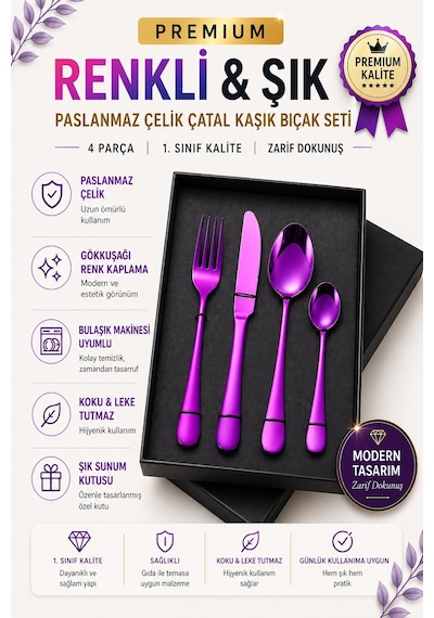 Premium Paslanmaz Çelik Çatal, Kaşık Ve Bıçak Seti Modern Mor Renk 4 Parça