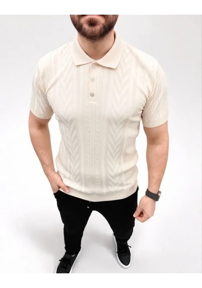 Erkek Yazlık Triko Tişört Kısa Kol Polo Yaka Düğmeli T-shirt - Krem