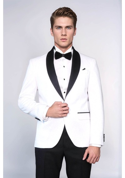 Beyaz Şal Yaka Simli Slim Fit Smokin Ceket - Wessi White