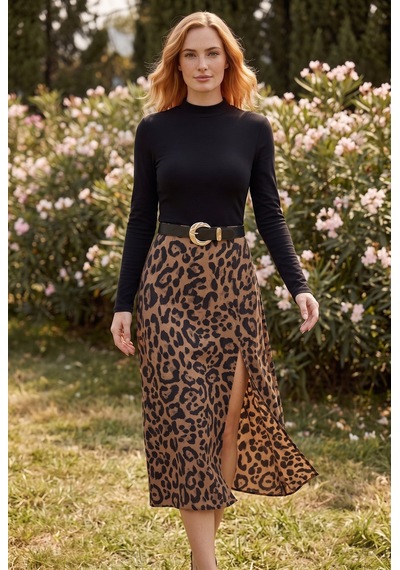 Soulshae Leopar Desenli Yırtmaçlı Kemerli Midi Etek Siyah