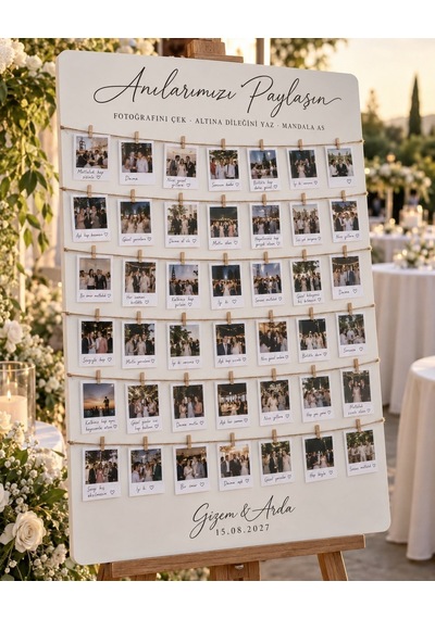 Mandallı Polaroid Anı Panosu - Kişiye Özel Düğün Fotoğraf Panosu Beyaz