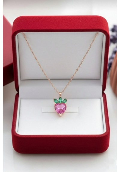 Çekirdekjewelry 925 Ayar Gümüş Kalplı Taşlı Çilek Kolye Pembe