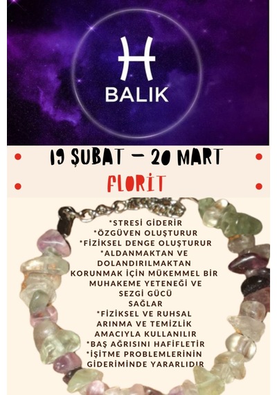 Gümüştel El Sanatları Sertifikalı Burç Taşı Balık Burcu Florit Taşı Bileklik Çok Renkli