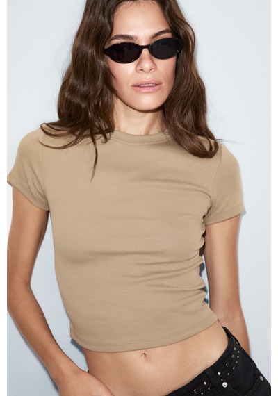 ETHIQUET Ethıquet Zolen Kadın Yumuşak Ve Esnek Kumaşlı Organik Pamuklu Kısa Kollu Crop Vizon T-shirt