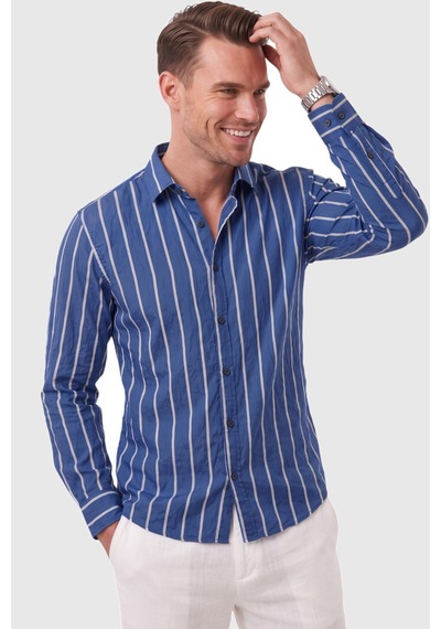 Rizzup Erkek Mavi Çizgili Pamuklu Kırışık Dokulu Yazlık Gömlek Rahat Kesim Uzun Kol Gömlek 2602618
