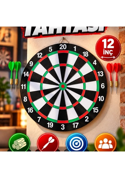12 İnç Ahşap Dart Tahtası 4 Metal İğne Uçlu Dart Oku Dahil