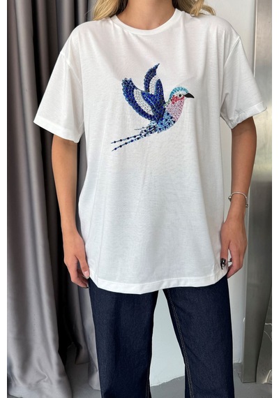 Kadın Bisiklet Yaka Taşlı Kuş Desenli T-shirt Beyaz - 5105