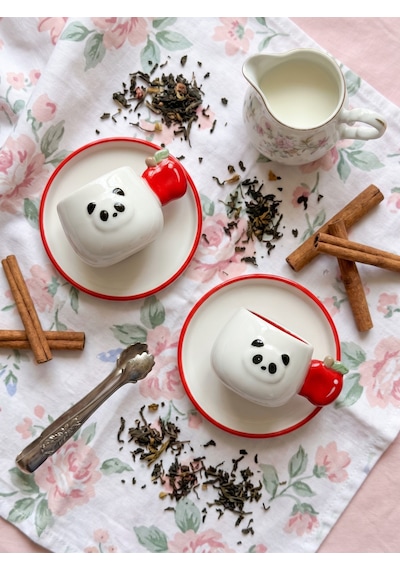 Panda Desenli Kiraz Kulplu 2'li Kahve Fincanı 140 Ml Beyaz