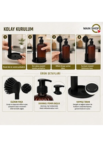 Mainshop Sıvı Sabunluk Yumuşak Silikon Fırçalı Set -bulaşık Deterjanı-çamaşır Suyu - Amber Şişe 500 Ml M-166