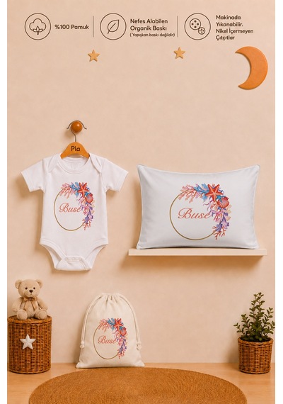 Pia Baby İsme Özel Kız Bebek Hediyesi %100 Pamuk Organik Baskılı Body Yastık Kılıfı Ve Ham Bez Kıyafet Kesesi 1037byk9x Ekru