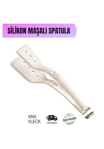 Silikon Maşalı Spatula Isıya Dayanıklı, Kaymaz Saplı, Çok Amaçlı Mutfak Maşası Spatula Krem