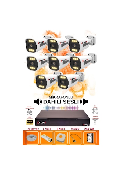Fury 8 Li Sesli 6 Warm Led Gece Renkli Görüş Su Geçirmez Güvenlik Kamerası Seti 250gb