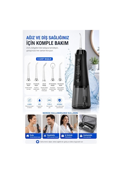 Robeve Auhma Amf11 Şarjlı Ağız Duşu 320ml Su Hazneli 4 Modlu Ipx7 Su Geçirmez Type-c Hızlı Şarjlı 5 Başlıklı Profesyonel Ağız Ve Diş Temizleme Cihazı Siyah