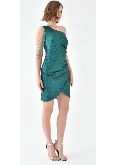 Hanife Glam Couture Hanife Glam Tek Omuz Taş Tasarımlı Mini Pulpayet Elbise Zümrüt