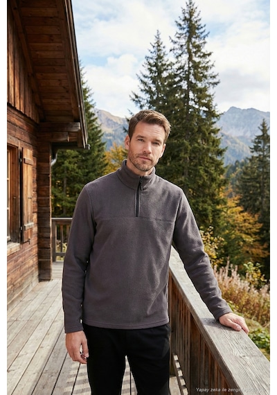 Buratti Slim Fit Yarım Fermuarlı Yumuşak Dokulu Şardonlu Kışlık Erkek Polar 59060011 Füme