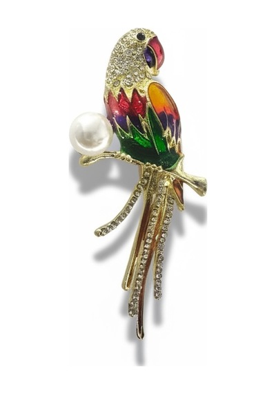 Papağan Broş 5 Cm Zirkon Taşlı İnci Detaylı Gold Renk Renkli