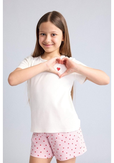 Defacto Regular Fıt Fitilli Kaşkorse Şort Tişört 2li Pijama Takımı Kız Çocuk H5705a826smer233 Ekru-er233