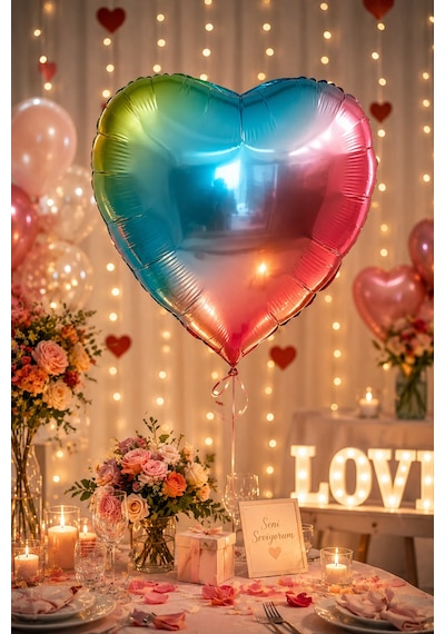 Folyo Balon Kalp Rainbow 24 İnç 60 Cm Renkli Doğum Günü Nişan Söz Düğün Parti Süsleme Balonu Çok Renkli