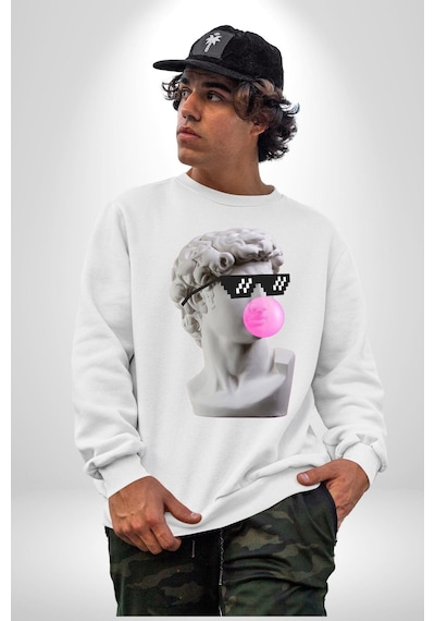 Gözlüklü David'in Kafasının Alçı Heykeli Unisex Beyaz Sweatshirt Beyaz