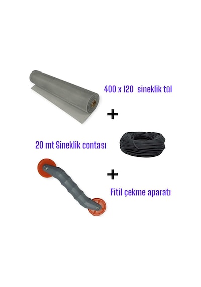 20 Mt Siyah Sineklik Contası + Fitil Çekme Aparatı + 400x120 Cm Sineklik Tülü Tam Set"