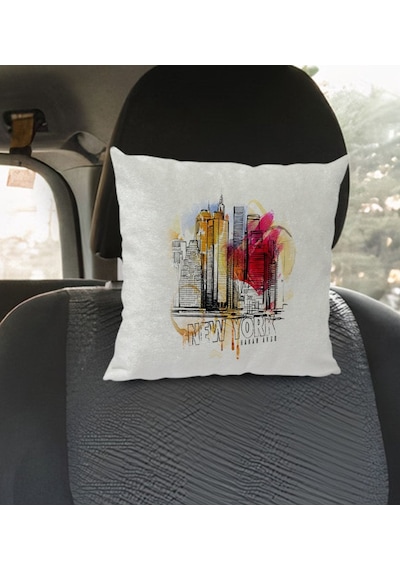 Bk Gift Kişiye Özel İsimli Newyork Tasarımlı Kare Araç Koltuk Yastığı-1 Sarı