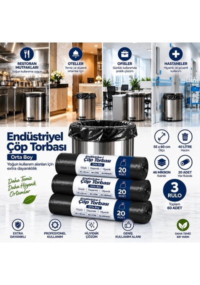 Endüstriyel Orta Boy Çöp Torbası 55x60 Cm, Her Ruloda 20 Adet, Siyah-3rulo